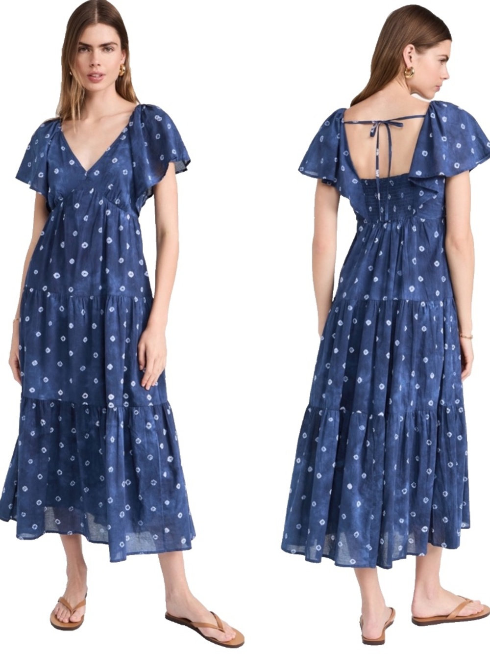 NEW MADEWELL Blue COTTON Shibori TIE BACK Flutter Sleeve TIERED Midi DRESS 2